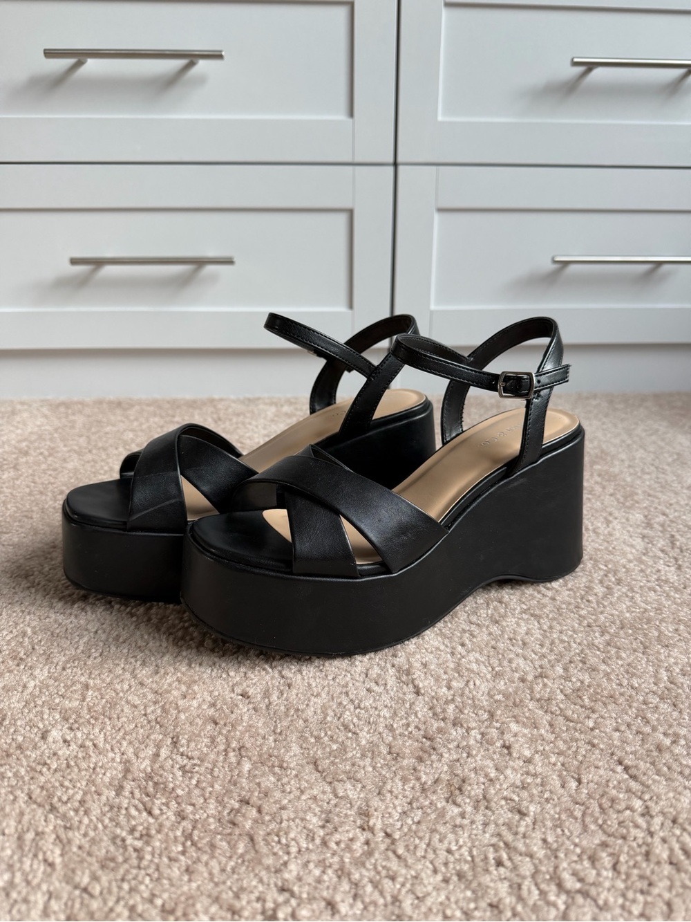 Black Platform Wedge Sandals - Women's Strappy Ankle Strap